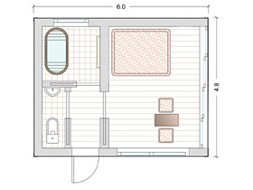План домика для релаксации с комнатой
отдыха, из которой открывается вид
на живописный ландшафт, комнатой для
спа-процедур, прихожей и туалетом.