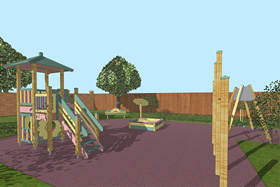 Трехмерный эскиз детской игровой
площадки. Вид со стороны газона. См.
также фото после постройки.